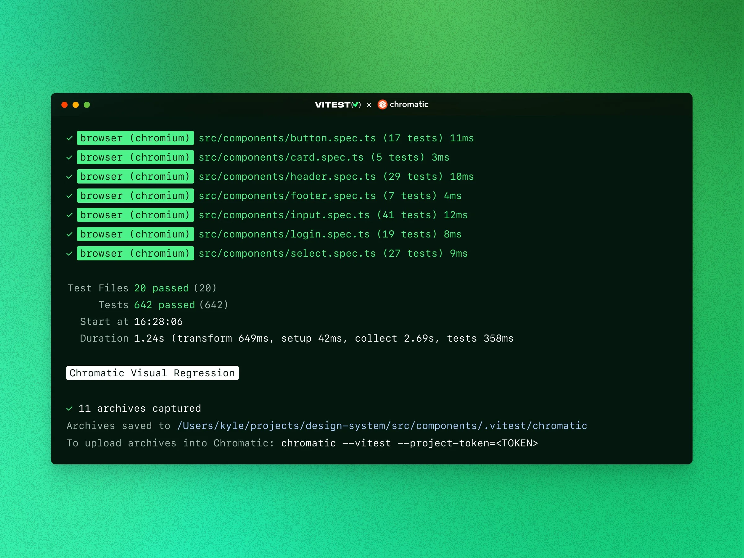 Vitest browser test results with Chromatic plugin