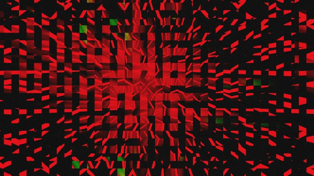 Abstract red and black geometric pattern with fragmented angular shapes radiating from a central glowing core, suggesting digital noise or data overload.