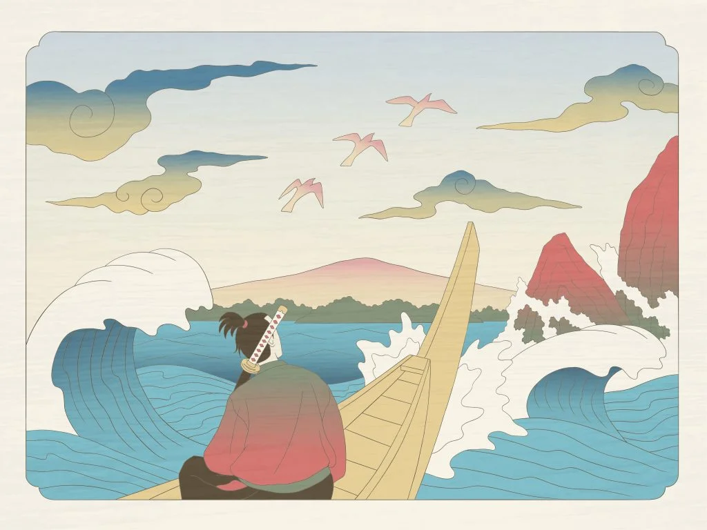 Traditional Japanese ukiyo-e style illustration of a warrior navigating a boat through turbulent waves, serving as a visual metaphor for managing AI technical debt and code verification.
