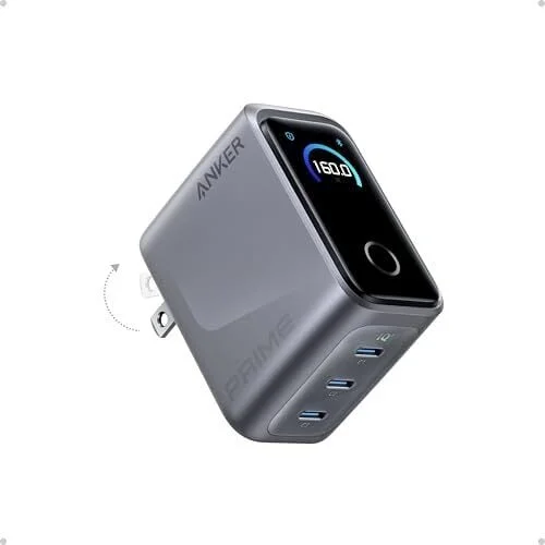 Anker Prime Charger, 160W 3-Port Compact USB C GaN Charger Block, Smart Display and Touch Control, 140W Max Charging via Any Single Port, for MacBook, Laptop, iPhone 17/16/15 Series, iPad(Non-Battery)
