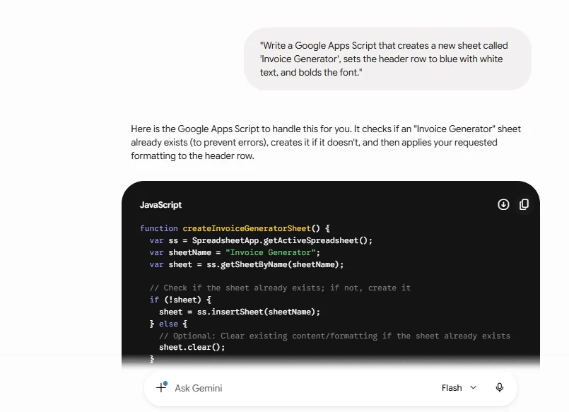 Gemini generating a Google Apps Script in its response
