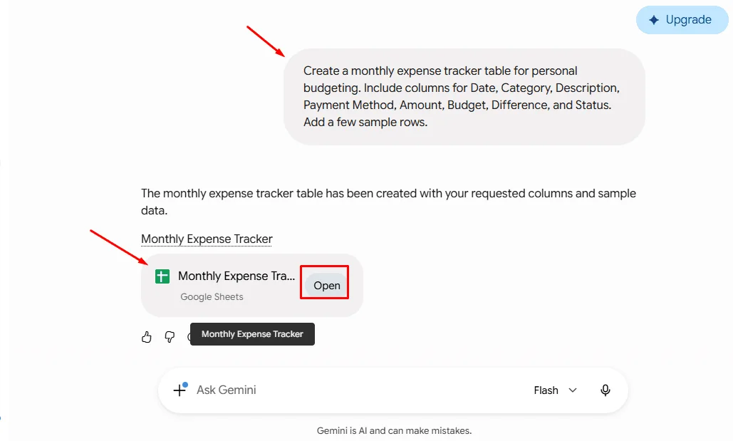 Gemini web app generating an expense tracker table