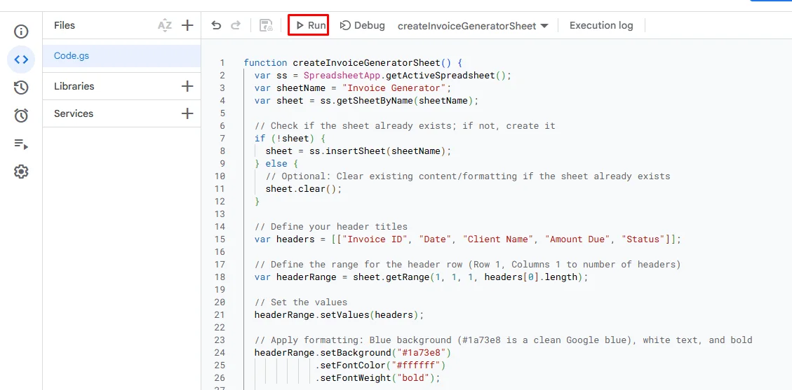 Apps Script editor in Google Sheets with pasted code