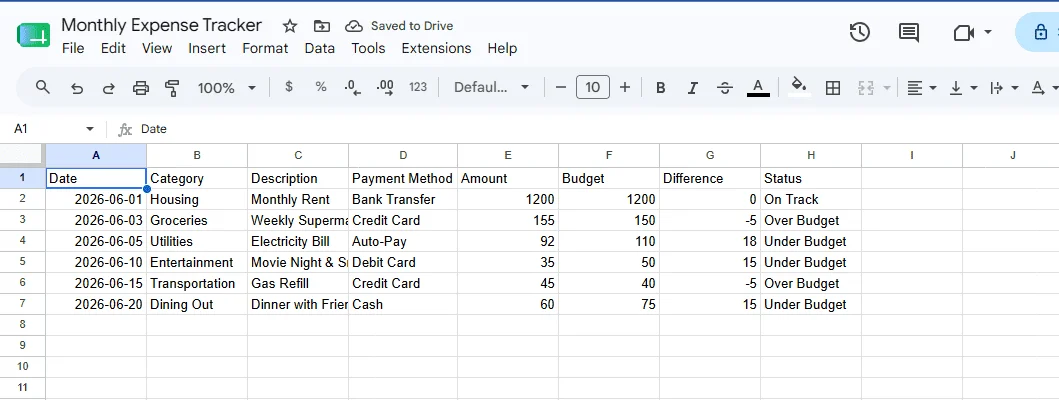 Exported expense tracker opened in Google Sheets