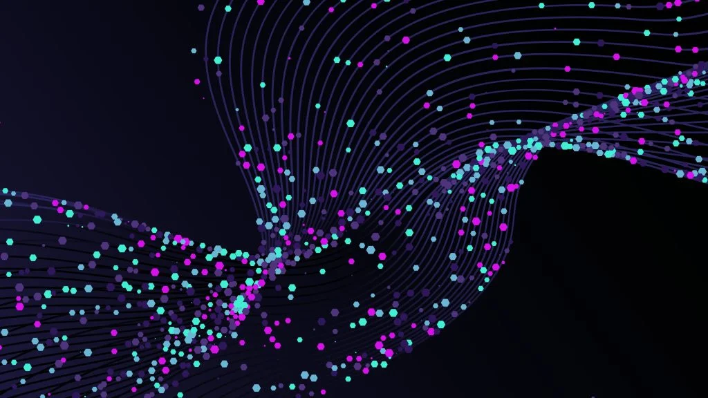 Abstract digital art of glowing cyan and magenta data particles flowing along curved paths on a dark background, representing network traffic and cloud infrastructure.