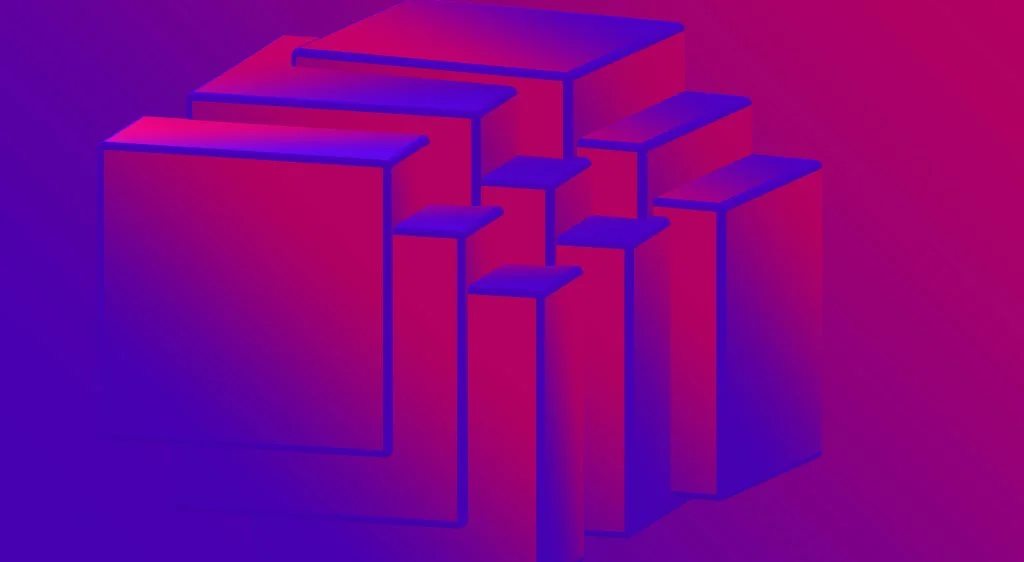 3D illustration of an exploded cube made of uneven interlocking blocks at varying heights, rendered in a gradient of purple to magenta.