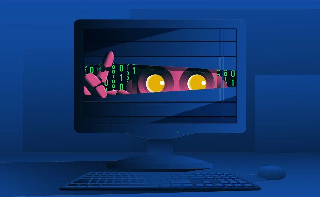 alt text for this 18:09 A sinister robotic figure peers through blinds on a computer monitor, surrounded by binary code, against a deep blue background.