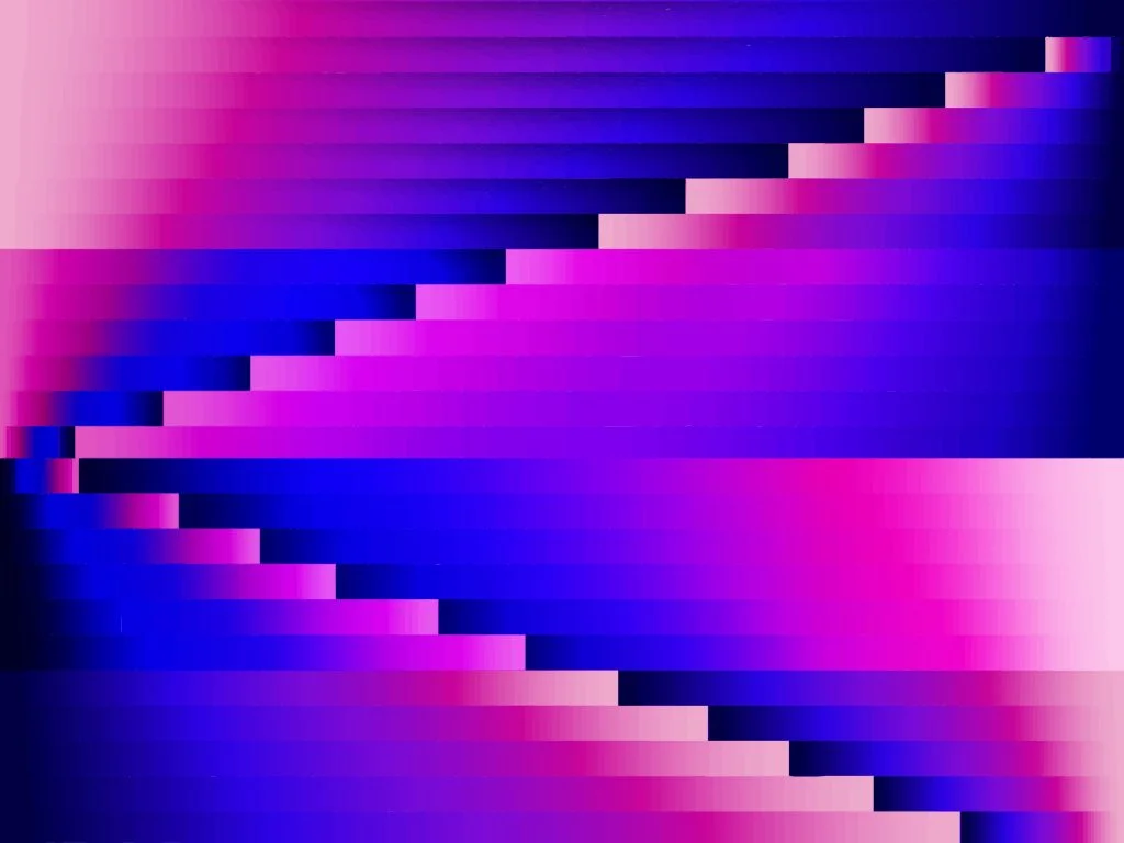 Abstract digital glitch background featuring vibrant magenta, purple, and deep blue horizontal stepped pixel sorting patterns.