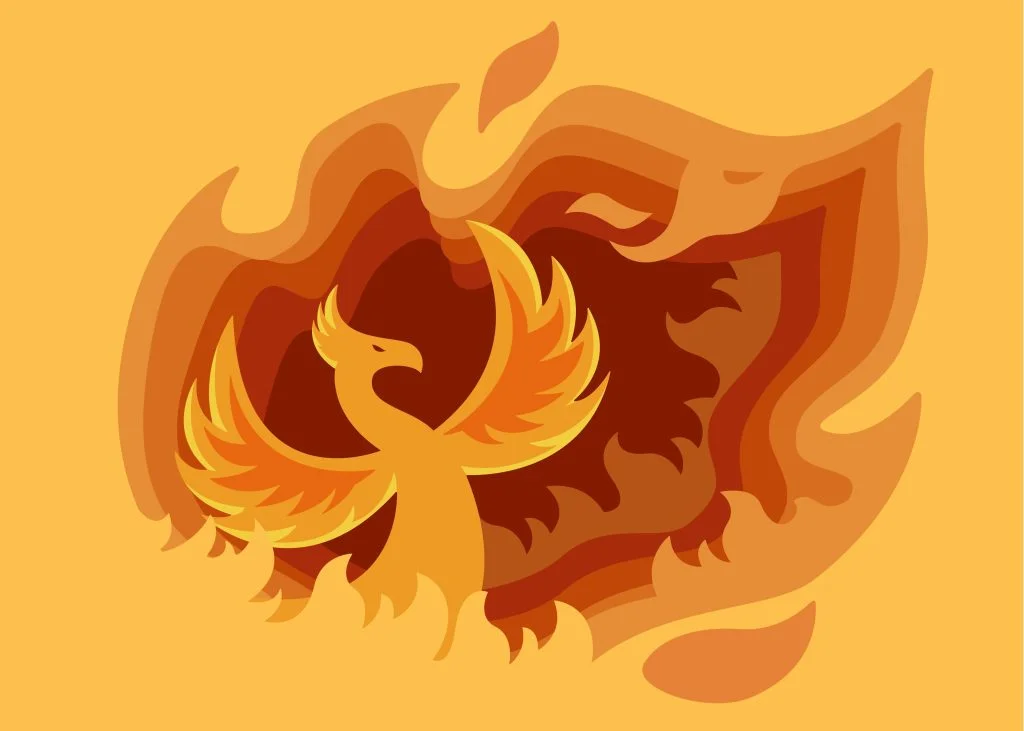 A stylized illustration of a golden phoenix rising from layered flames in shades of orange and amber, depicting rebirth and regeneration.