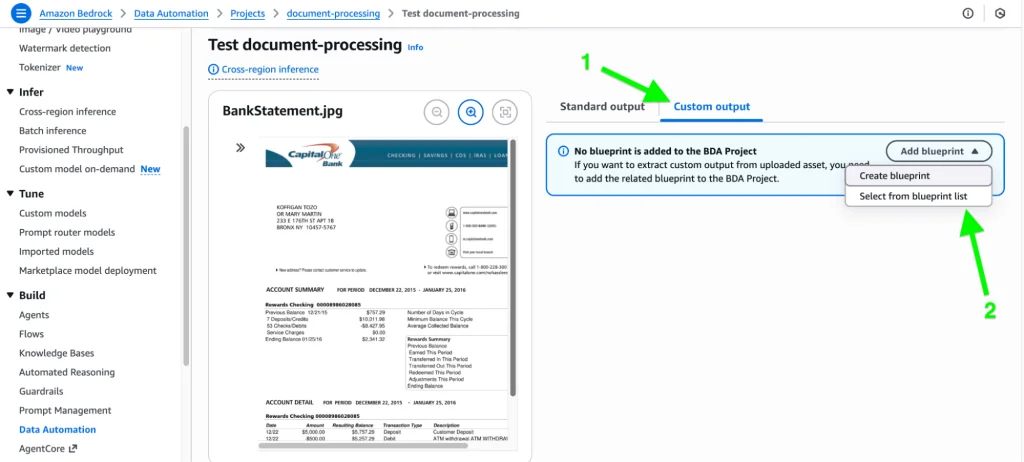 The custom output tab in the test document processing interface of Amazon Bedrock.