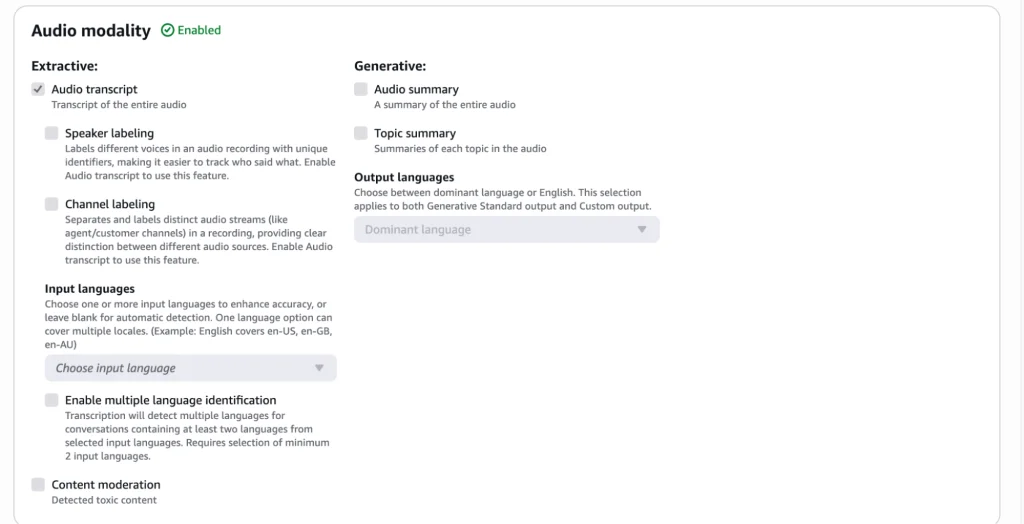 Audio modality options.