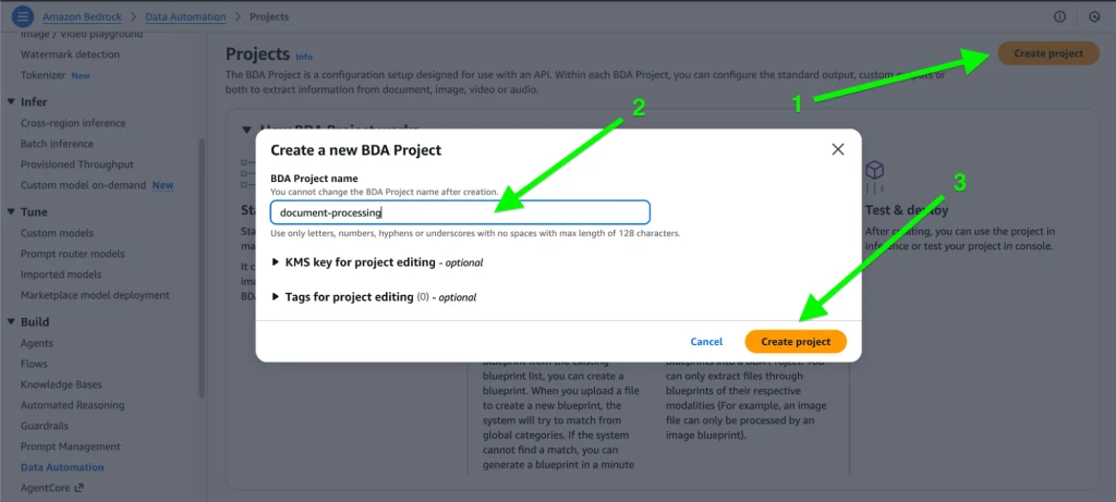 The window to create a new BDA project.
