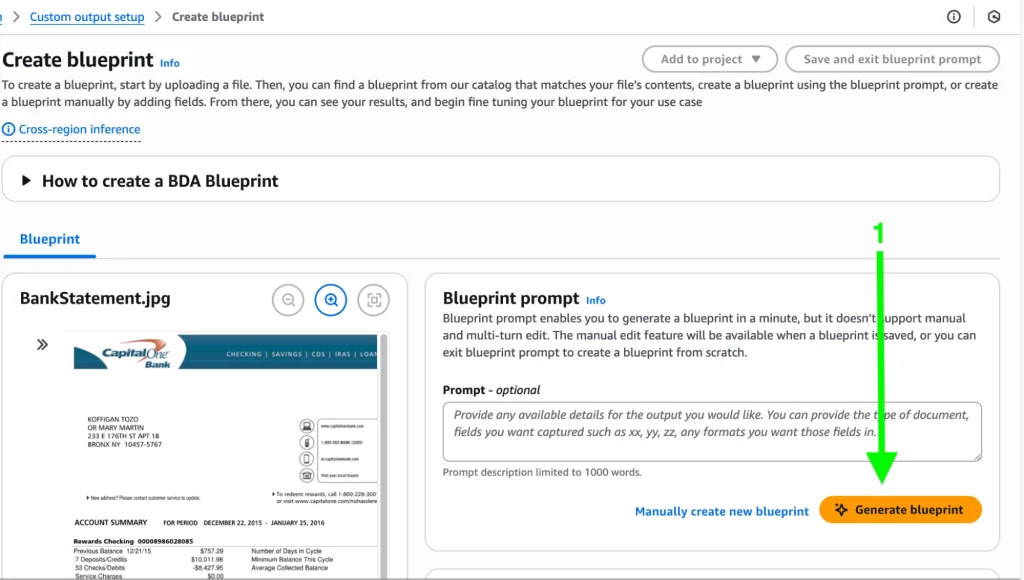 The "Create blueprint" pane within the custom output setup.