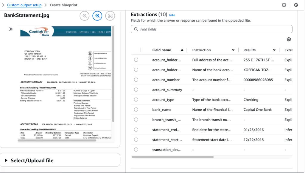 A summary table showing all extracted information using the blueprint.