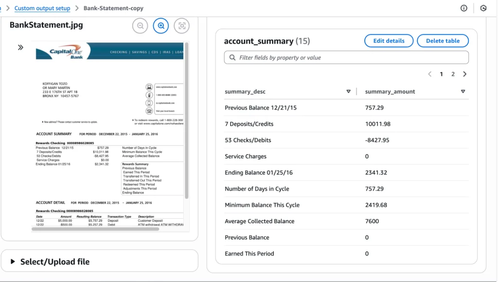 Extracted information in the form of a table; in this case, an account summary of the example bank statement.