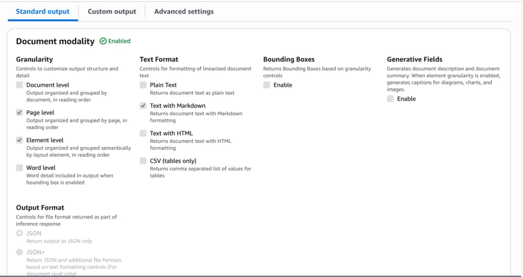 The document modality options within the standard output tab.