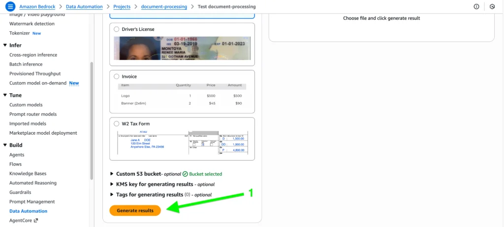 The "generate results" button within the test document processing pane.
