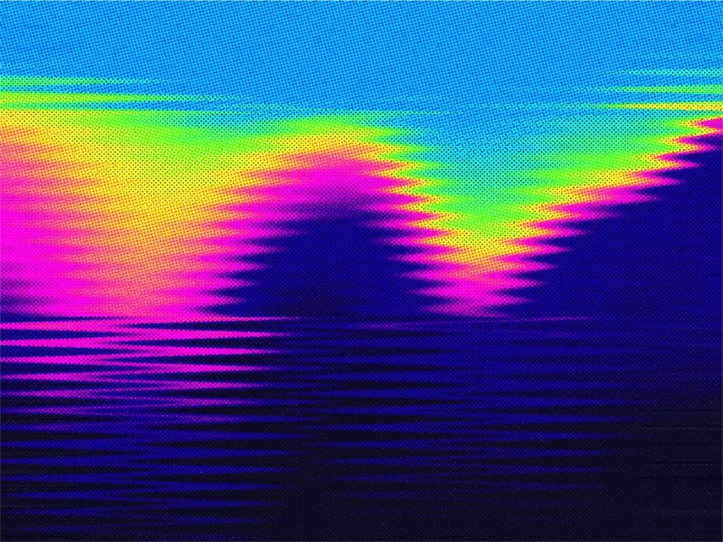 Abstract digital glitch art with neon pink and blue halftone waveforms, symbolizing AI data fragmentation.