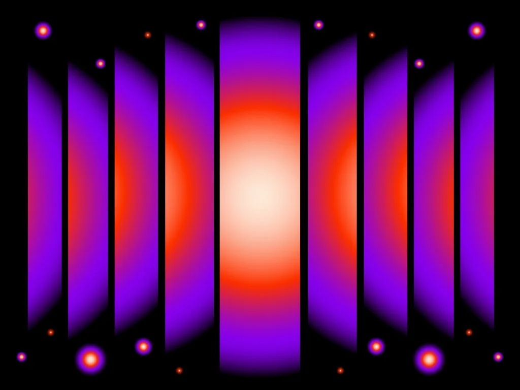 Abstract digital illustration of intense neon red and purple glowing bars under compression against a dark black background.