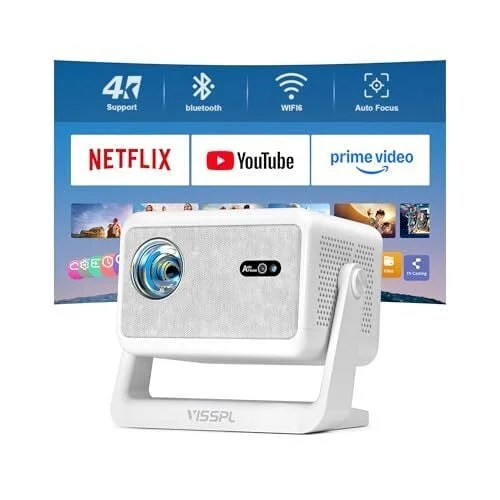 [Now with Netflix & 2600ANSI] 4K Smart Projector with WiFi and Bluetooth, Auto Focus & Keystone Mini Projector with Stand, Outdoor Home Theater Small Proyector for bedroom(Off white)