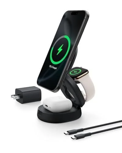Belkin MagSafe Charger Compatible, 3-in-1 Qi2 15W Wireless Charging Station, Convertible Wireless Charger for iPhone 17, Apple Watch, AirPods, Pixel 10, Phone Stand for Travel w/ 36W Adapter - Black