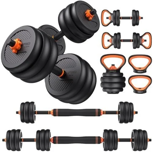 FEIERDUN Adjustable Dumbbells, 90lbs Free Weight Set with Connector, 4 in1 Dumbbells Set Used as Barbell, Kettlebells, Push up Stand, Fitness Exercises for Home Gym Suitable Men/Women