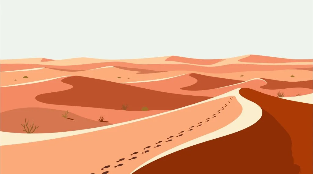 Minimalist illustration of a desert landscape with undulating sand dunes and a single trail of footprints, used as a metaphor for real-time data streaming and AI energy efficiency.
