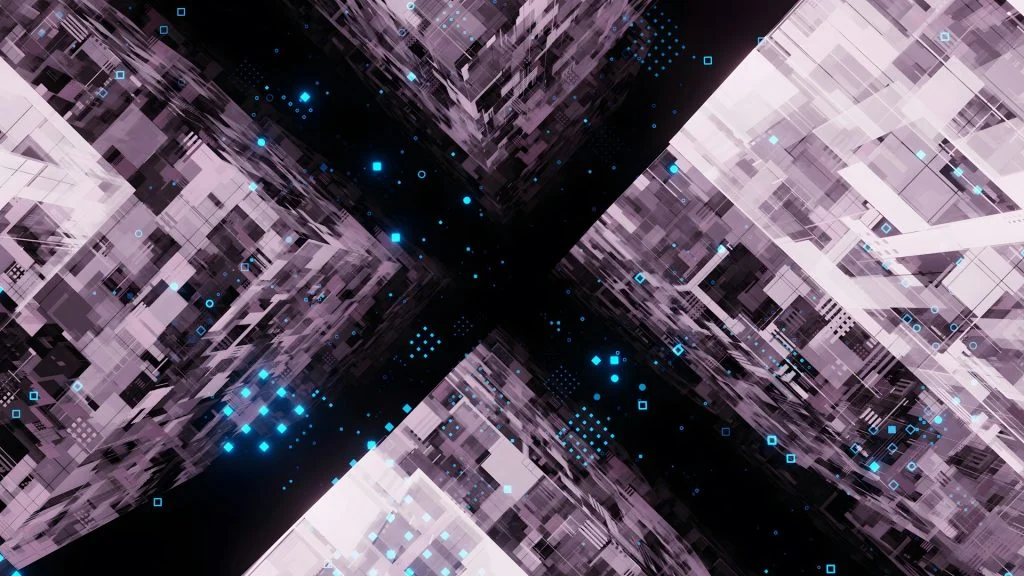 Abstract digital geometric structures converging into a dark void, representing complex cloud infrastructure and data pipelines.