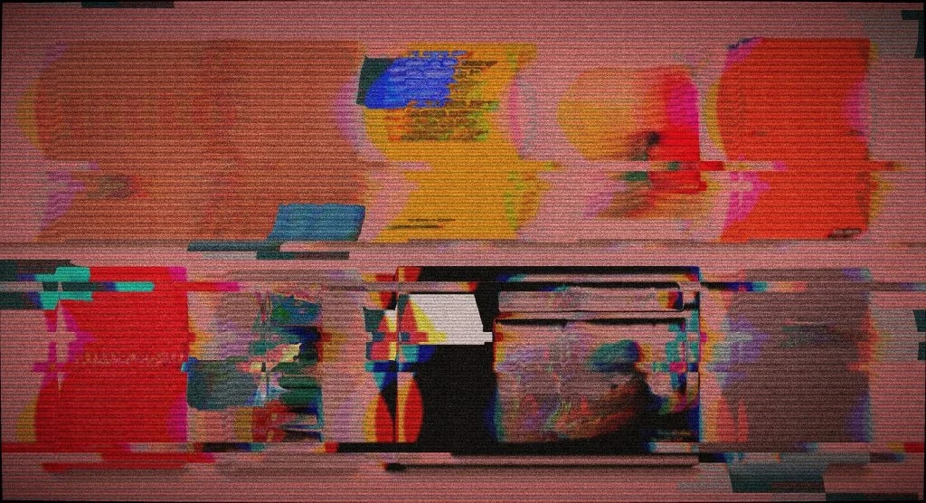 Abstract digital artwork resembling a glitching computer interface, with fragmented windows and overlapping shapes in red, pink, yellow and blue.