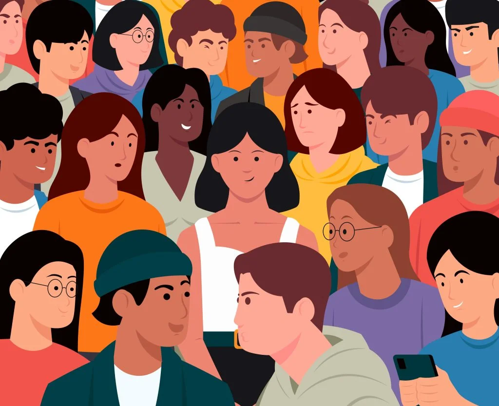 Colorful illustration of a diverse crowd of people with varied hairstyles, clothing and expressions gathered closely together.