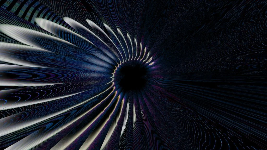 Abstract dark digital art featuring a warped metallic pattern pulling into a central void, symbolizing complex Kubernetes GPU scheduling and dynamic resource allocation.