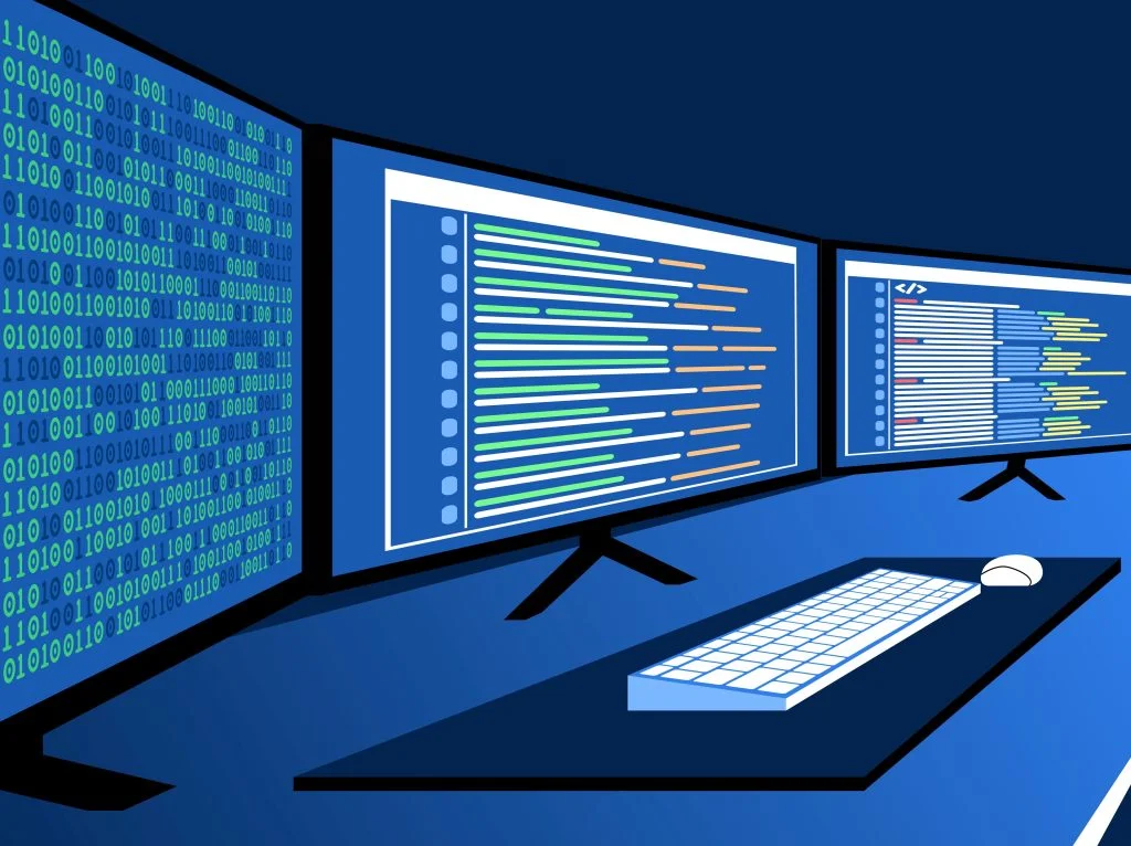 Illustration of multiple computer monitors displaying code and system dashboards, depicting telemetry data