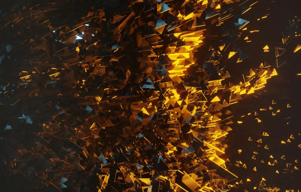 Abstract dark digital render featuring sharp glowing golden geometric shards, representing platform engineering and AI code generation complexity.
