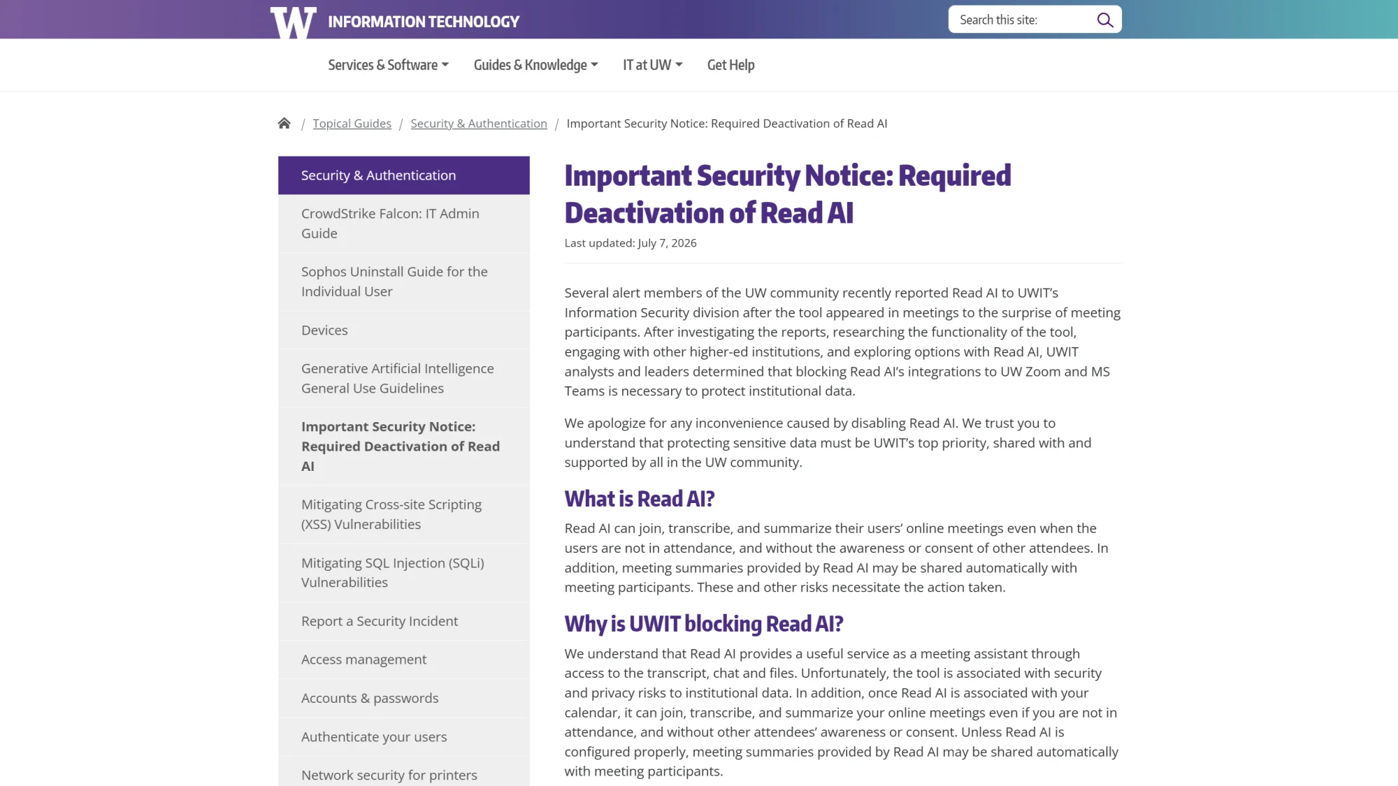 A notice from the University of Washington on Read AI.