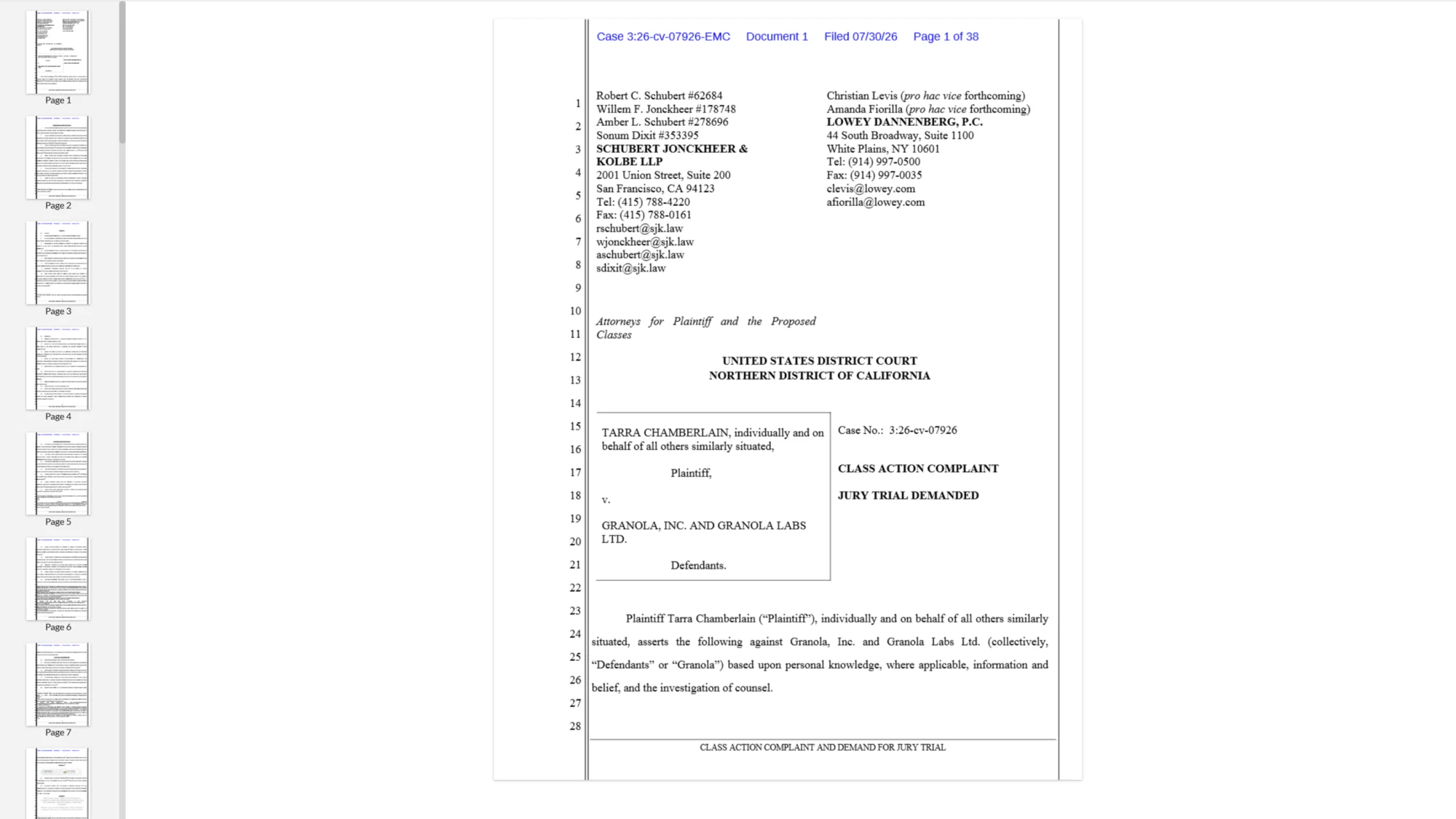 A written complaint filed by the plaintiffs in a class action lawsuit against Granola.