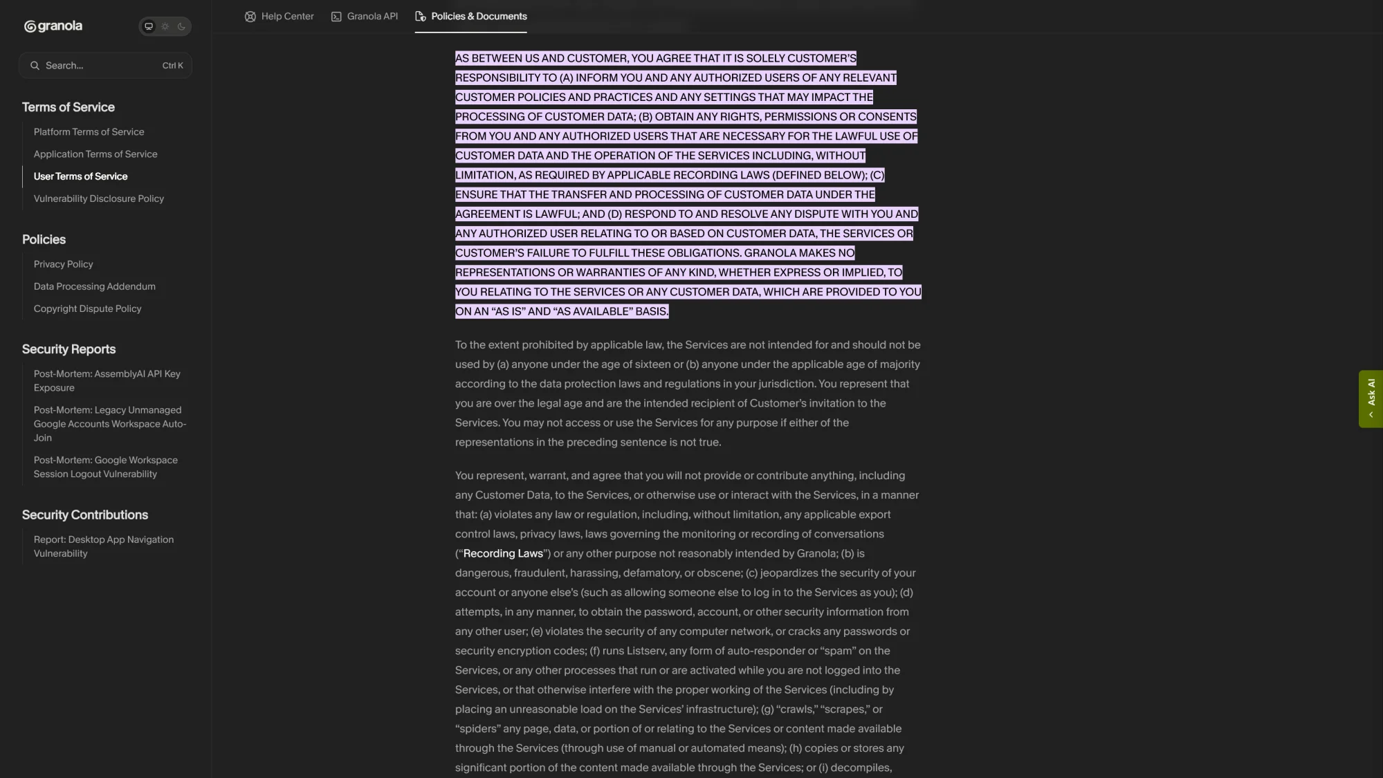 Granola's official terms of service from their public documentation.