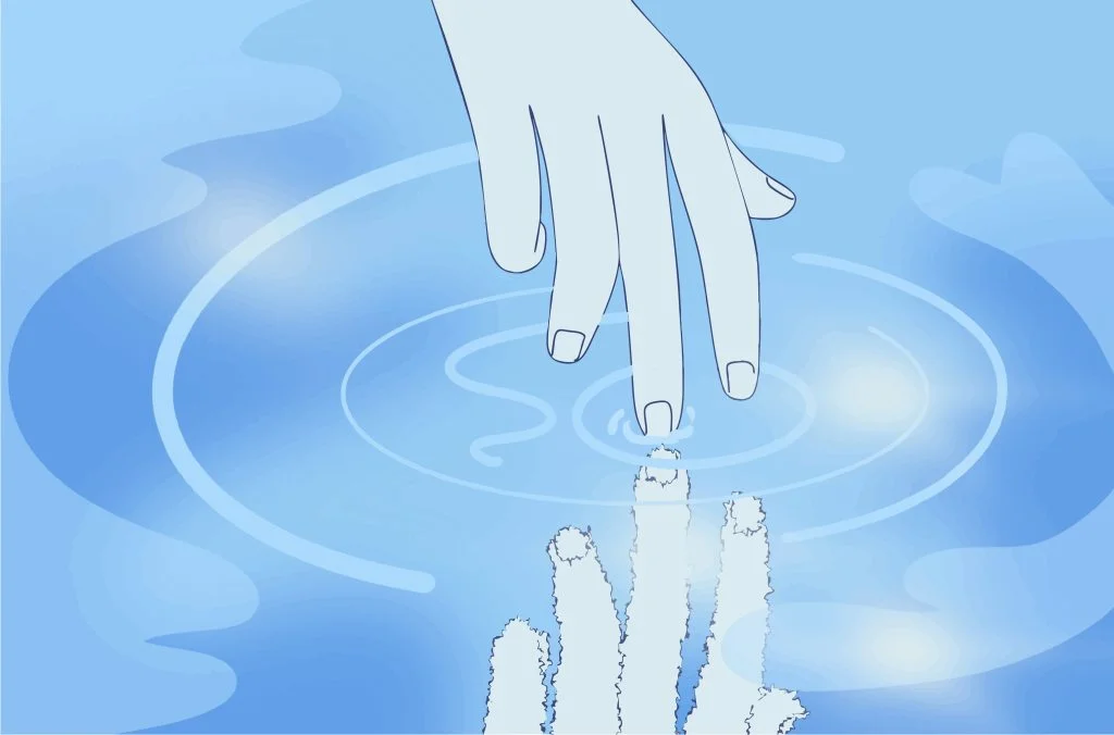 A minimalist blue illustration of a hand reaching down to touch a water surface, creating concentric ripples. Beneath the water, a pixelated and distorted reflection of a hand reaches up to meet the finger, symbolizing the connection between a user's experience and the underlying digital infrastructure.