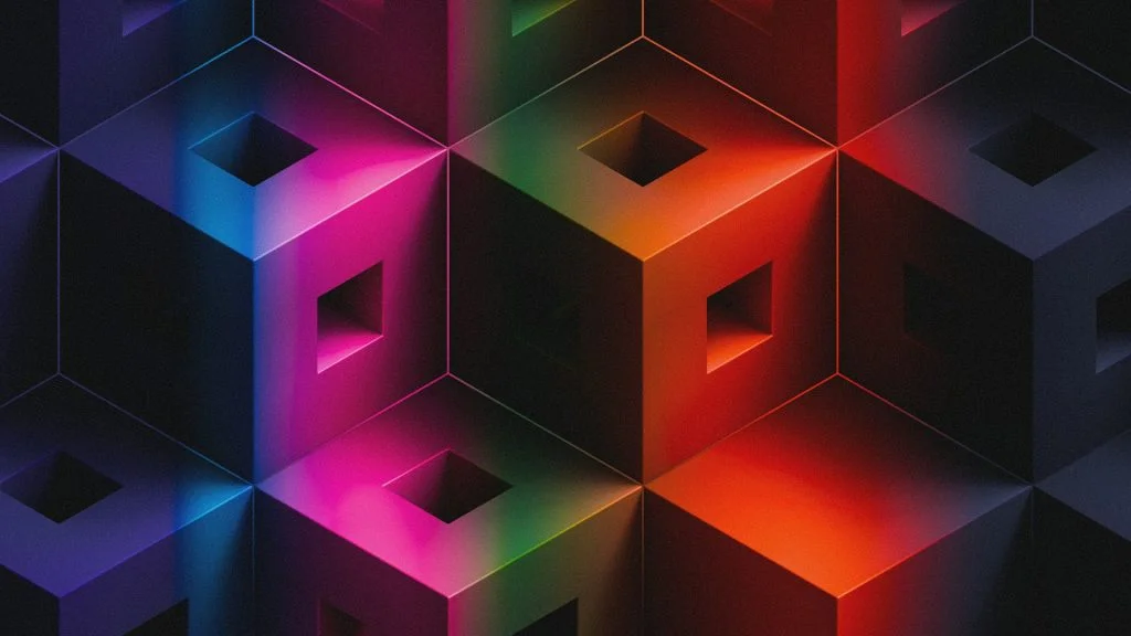 Abstract 3D geometric blocks with moody neon light gradients representing multi-cluster KubeVirt infrastructure and EVPN network overlays.