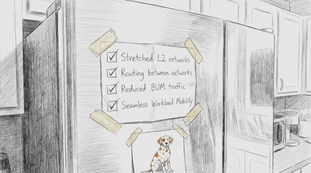 Image showing four objectives: Stretched L2 networks, routing between networks, reduced BUM traffic, and seamless workload mobility.