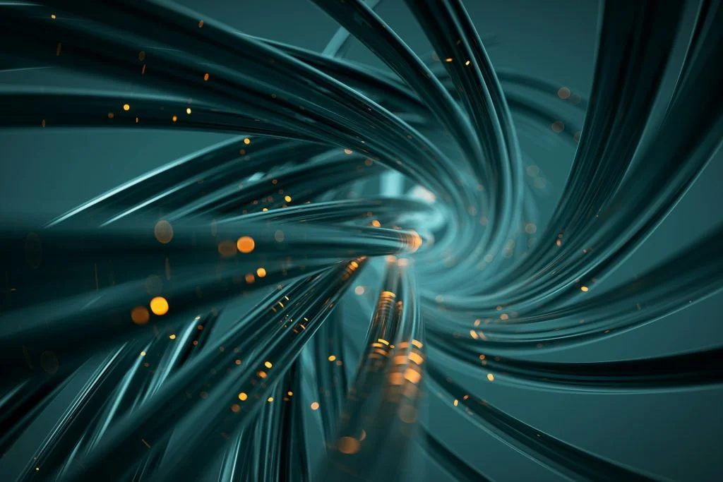 Abstract dark digital render of swirling metallic strands with glowing orange sparks, representing concurrent AI workstreams and software changes.