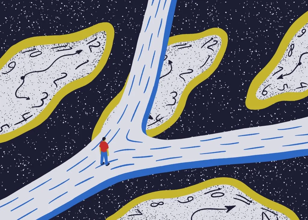 Abstract illustration of a person standing at diverging paths surrounded by distorted clocks and chaotic arrows, symbolizing AI agent sprawl and complex developer workflows in platform engineering.