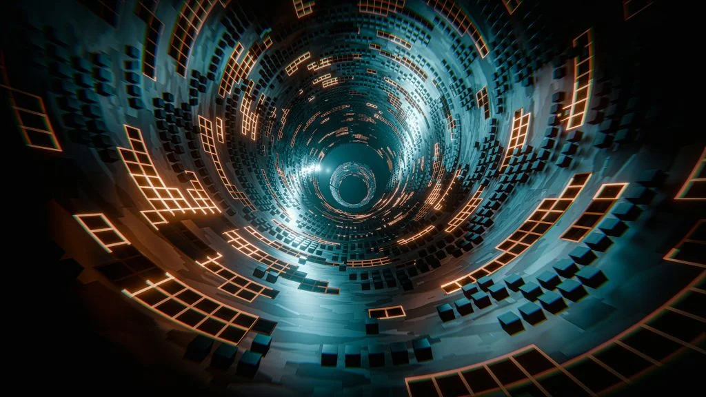 Abstract dark digital tunnel with glowing orange geometric grid representing complex AI pipeline architecture