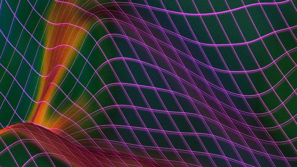 Abstract warped digital wireframe grid mesh representing structural tension in AI code review and software engineering.