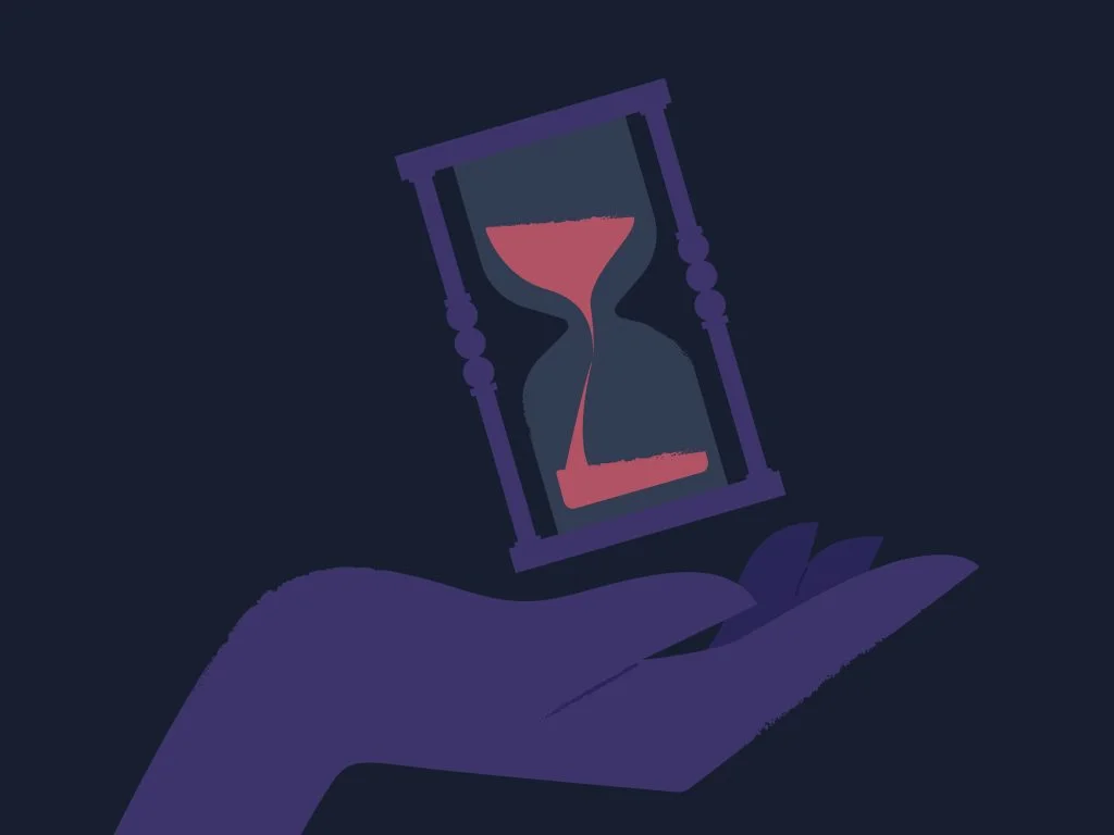 Abstract illustration of a purple hand holding a tilted hourglass with red sand, symbolizing a closing compliance timeline.
