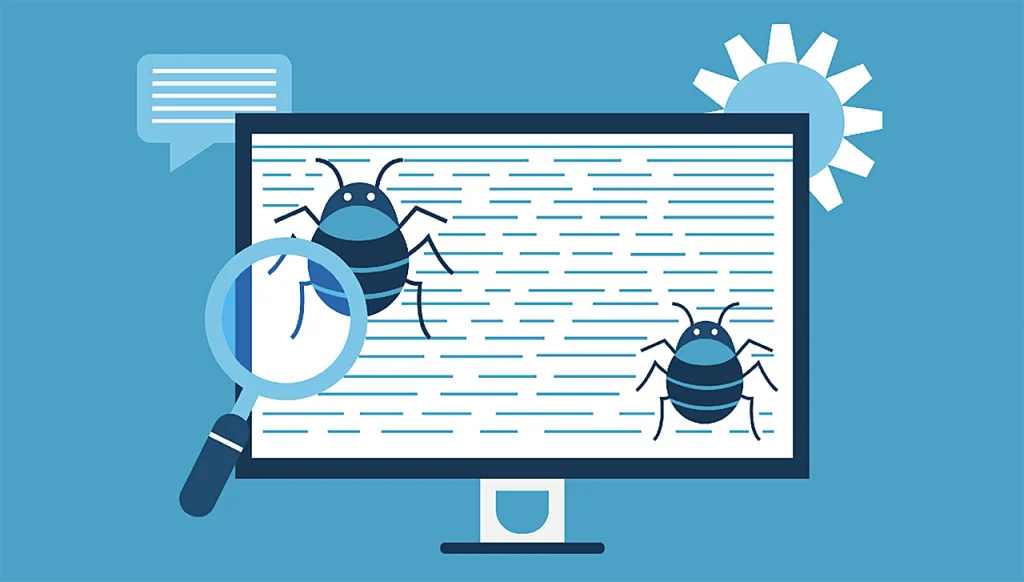 Magnifying glass finding some bugs in code.