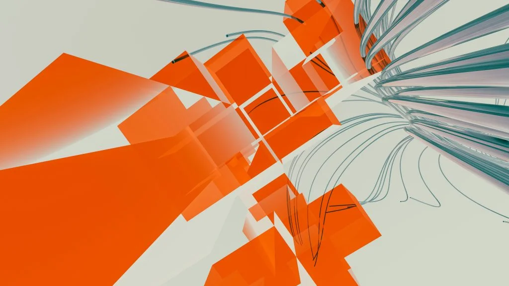 Abstract 3D render of translucent orange cubes and panels scattered across a pale gray background, with bundles of glossy teal tubes curving in from the right.