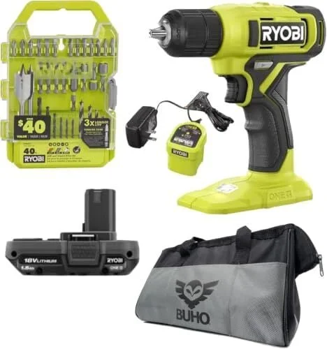 Ryobi 18V Drill Set with Lithium-Ion Battery, Charger, Bits & Bag