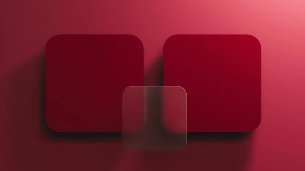 Two dark red rounded squares on a crimson background, with a smaller frosted-glass square overlapping the gap between them.
