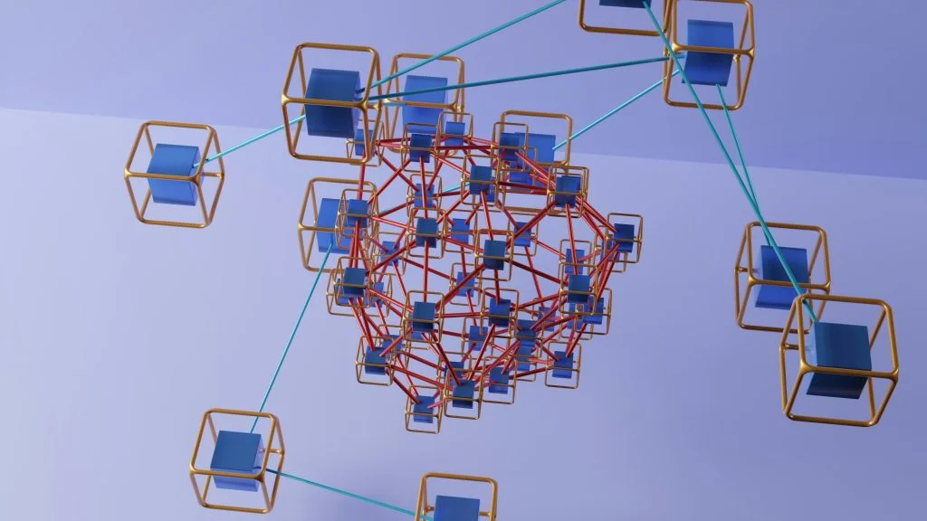 Abstract 3D render of blue cubes inside gold wireframe boxes, linked by red rods into a dense cluster, with teal lines connecting outer cubes.