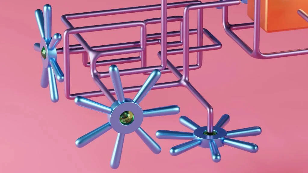 Abstract 3D illustration of metallic blue spoked hubs connected by purple tubes against a pink background.